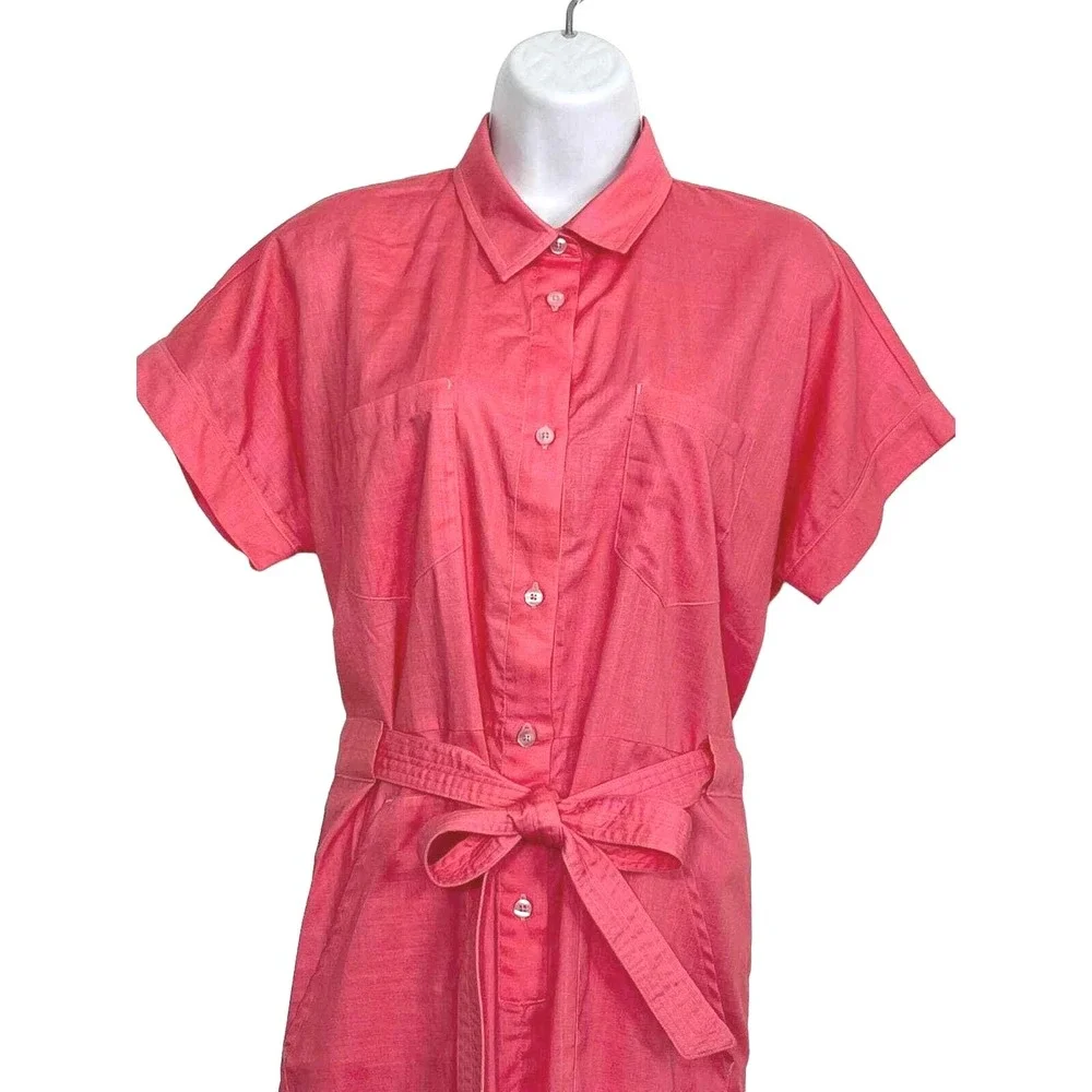 THE KIT Jumpsuit Utility Sz S Cotton Belted Button Front Short Sleeve Coral Pink